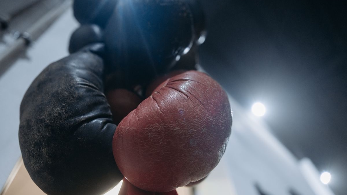 Guantes de boxeo colgados en el gimnasio