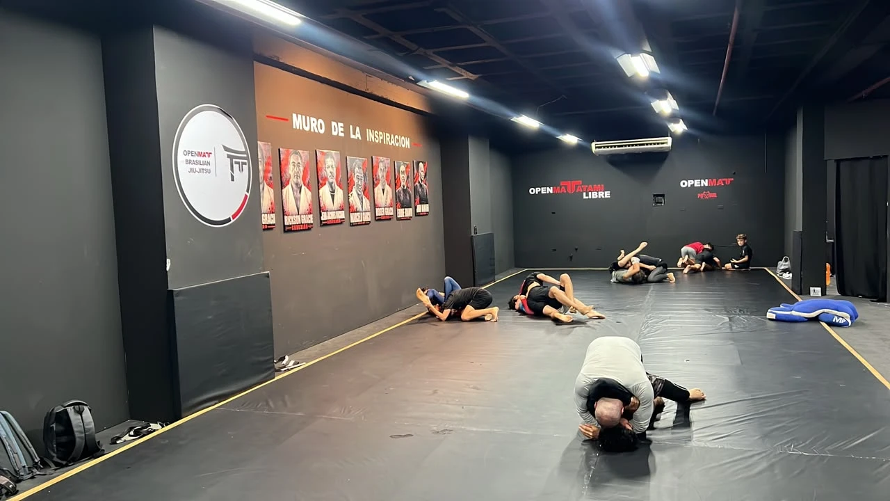 Alumnos rodando en el tatami frente al Muro de la inspiración